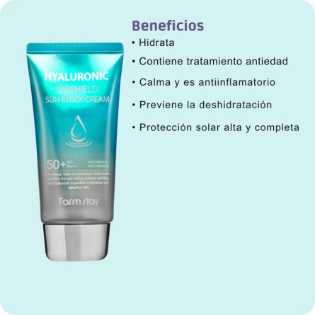 Protección Solar al mejor precio: Farm Stay Hyaluronic UV Shield Sun Block Cream SPF50+ PA+++ de FarmStay en Skin Thinks - Tratamiento Anti-Edad