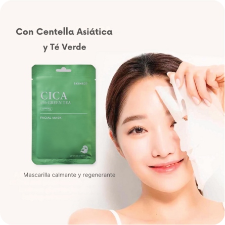 Mascarillas Coreanas de Hoja al mejor precio: Mascarilla de Centella Asiática y Té Verde SKIN627 CICA with Green Tea Facial Mask de SKIN627 en Skin Thinks - Piel Seca